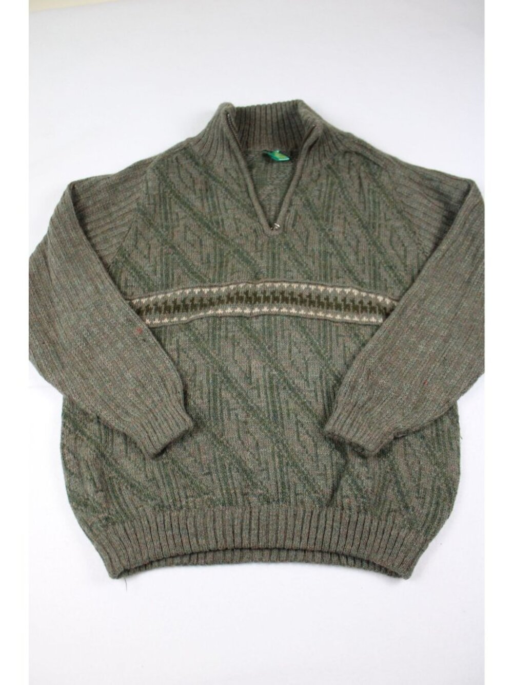Sidrils Peruvian Alpaca Mens Green Pullover Sweater 1/4 Zip Geometric Knit Patte